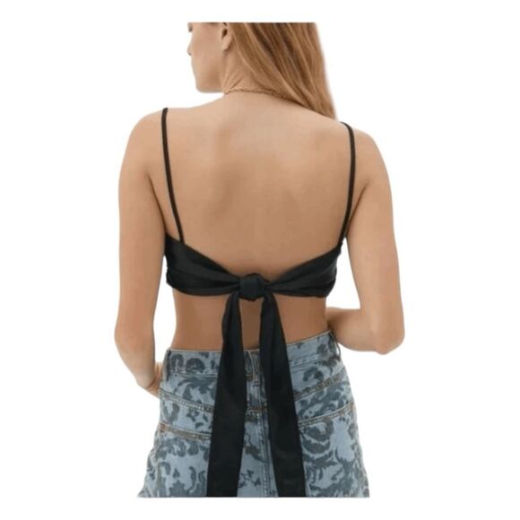 Motel Rocks Zashe Satin Tie Back Halter Top Black Spaghetti Straps Cropped S - Picture 2 of 7